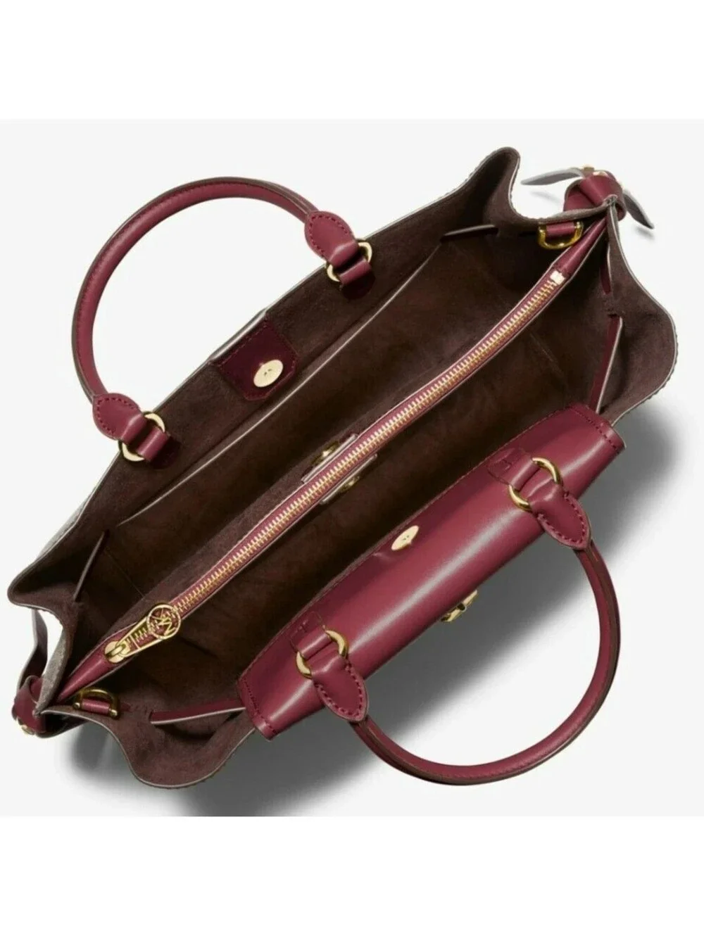 MICHAEL KORS HAMILTON LEGACY BROWN MERLOT LOGO BELTED CHAIN LARGE SATCHEL NWT